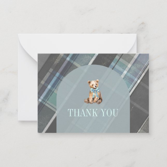 Tarjeta Pequeña Gris y Blue Plaid Teddy Bear Baby Shower Gracias (Anverso)