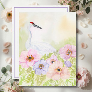 Tarjeta Pequeña Grulla Trompetera con Anémonas Pastel