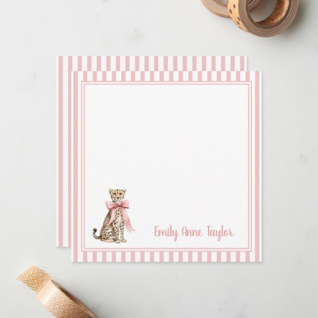 Tarjeta Pequeña Guepardo con lazo rosa y rayas (Anverso/Reverso In Situ)