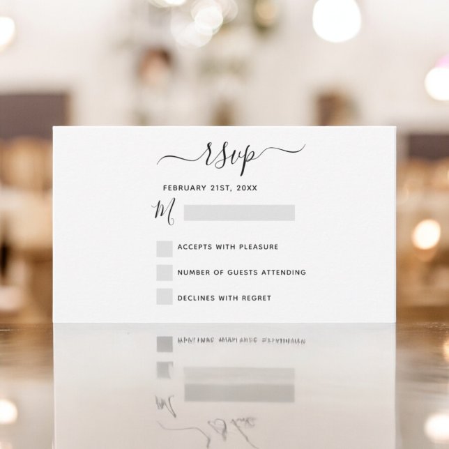 Tarjeta Pequeña Guión blanco negro Boda RSVP de presupuesto (Subido por el creador)