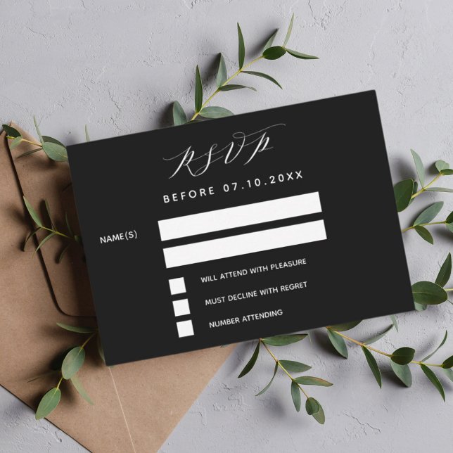 Tarjeta Pequeña Guión blanco negro respuesta boda moderna RSVP (Subido por el creador)