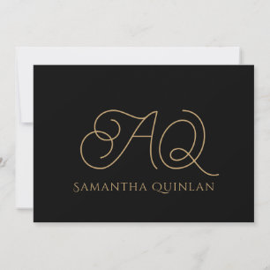 Tarjeta Pequeña Guión de caligrafía Monograma dorado Iniciales Neg