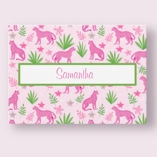 Tarjeta Pequeña Guión de guepardo rosa preppy personalizado