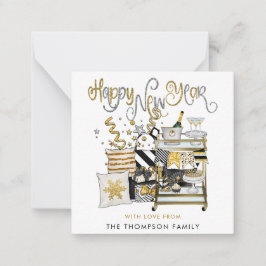 Tarjeta Pequeña Guión de Purpurina de oro negro Feliz Año Nuevo