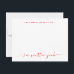 Tarjeta Pequeña Guión elegante minimalista elegante rojo<br><div class="desc">Tarjeta de nota elegante minimalista de guión elegante moderno rojo clásico para invitaciones de boda y rspv,  con nombres de pareja y familia en caligrafía manuscrita y texto personalizado en fuente sans serif clásica estándar. Perfecto para invitaciones de boda y rspv.</div>