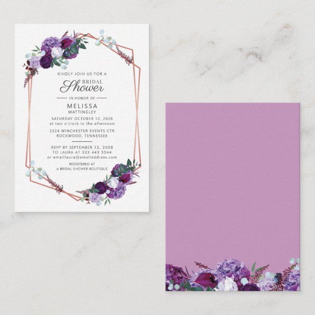 Tarjeta Pequeña Guión floral púrpura presupuesto ducha de novia mo (Anverso / Reverso)