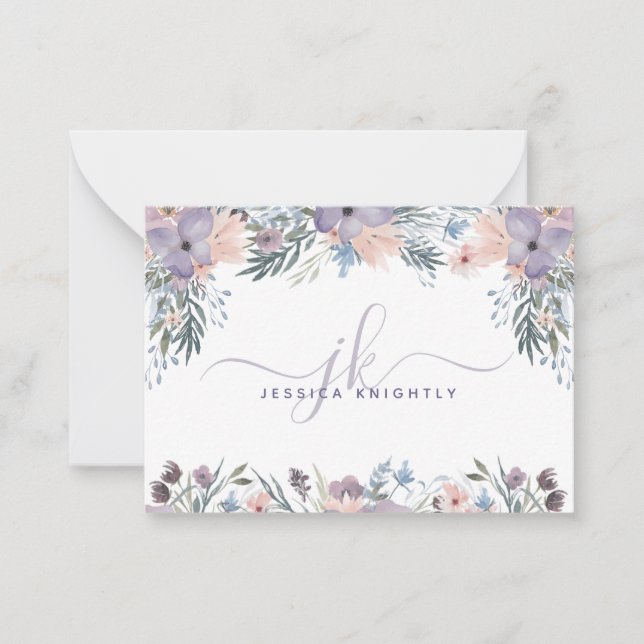 Tarjeta Pequeña Guión Monograma Iniciales Flores Florales Púrpura (Anverso)