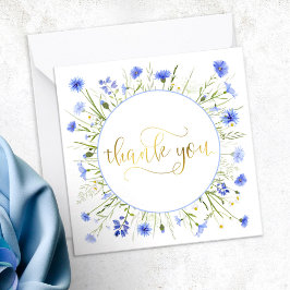 Tarjeta Pequeña Guión Pastel Azul Flor Azul Dorada Gracias