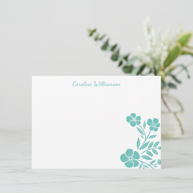 Tarjeta Pequeña Guión personalizado de dibujo floral Verde azulado (Anverso de pie)