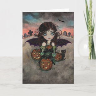 Tarjeta Pequeña hada vampira de Halloween y Jack-O-Lantern