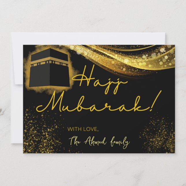 Tarjeta Pequeña Hajj Mubarak con acentos negros y dorados (Anverso)