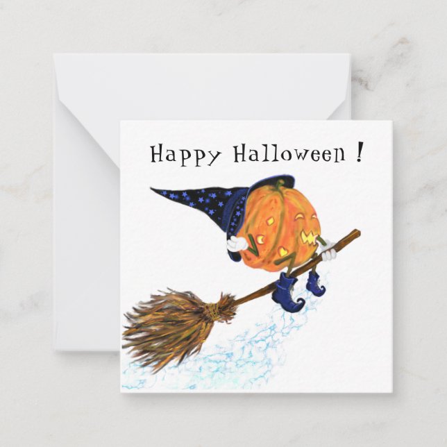 Tarjeta Pequeña Halloween Card Bruja Calabaza Flor Broom (Anverso)