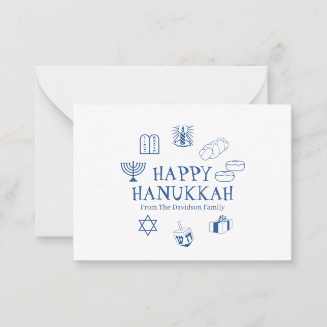Tarjeta Pequeña Happy Hanukkah nombre personalizado azul blanco (Anverso)