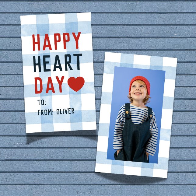 Tarjeta Pequeña Heart Day Blue Gingham Valentine's Classroom Card (Share this Happy Heart Day Blue Gingham Valentine's Classroom Note Card! )