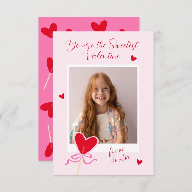 Tarjeta Pequeña Heart Lollipop Photo Bow Sweetest Valentine Love (Anverso / Reverso)