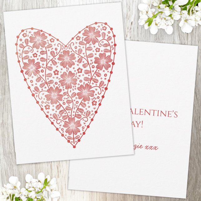 Tarjeta Pequeña Heart Scandinavian Red White Valentine's Day (Pretty Scandinavian folk style hand drawn red and white personalized custom name Valentines Day card)