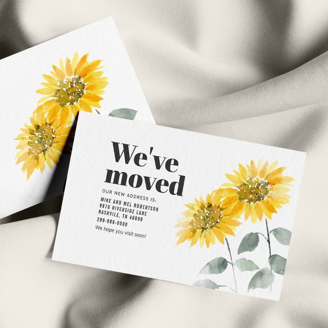 Tarjeta Pequeña Hemos movido el girasol acuarela (Watercolor Sunflower Floral Family Moving Announcement)
