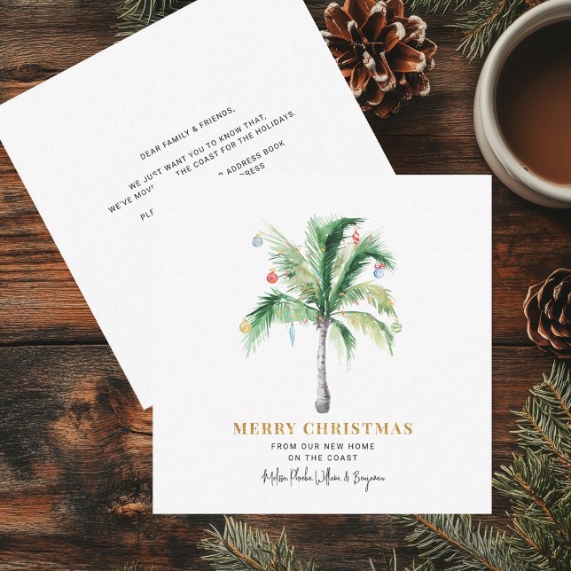 Tarjeta Pequeña Hemos movido vacaciones de Navidades de palmeras (Moving Announcement Christmas Holidays Family Change of Address Palm Tree Mini Card)