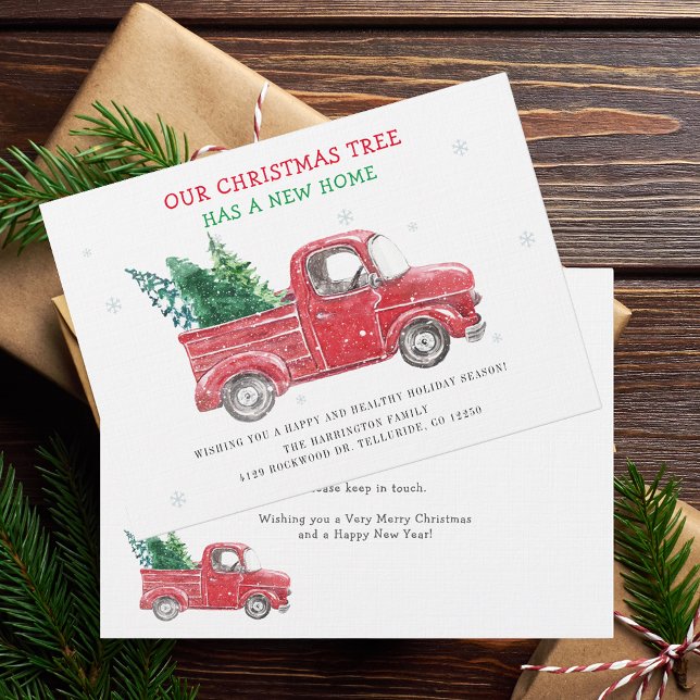 Tarjeta Pequeña Hemos trasladado a Navidades de vacaciones Invitac (Christmas Holidays Moving Announcement with Classic Red Truck Card)