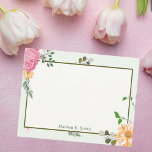 Tarjeta Pequeña Hermosa historia floral vintage personalizada<br><div class="desc">Flores rosa y naranja bonito con viñas verdes decoran esta hermosa tarjeta de notas florales vintage. Personalice este escritorio estacionario para un recepcionista de estilo antiguo o una amiga jovencita que ama los regalos con monograma.</div>