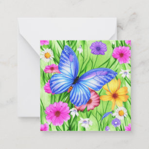 Tarjeta Pequeña Hermosa mariposa azul con flores acuarela