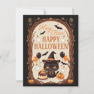 Tarjeta Pequeña Hey Boo Espeluznante Gatito Negro Bruja Halloween