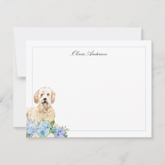 Tarjeta Pequeña Hidrangea azul Goldendoodle Personalizada (Anverso)