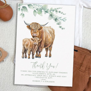 Tarjeta Pequeña Highland Cow Boho Green Baby Shower Gracias