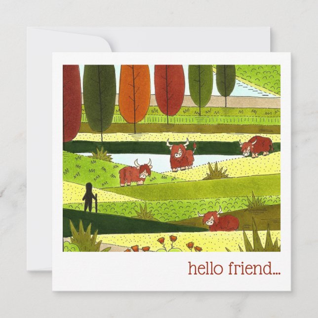 Tarjeta Pequeña Highland Cow Field Hello Friend (Anverso)
