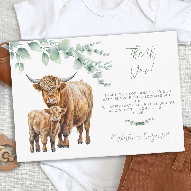 Tarjeta Pequeña Highland Cow Green Farm Baby Shower Gracias (Subido por el creador)