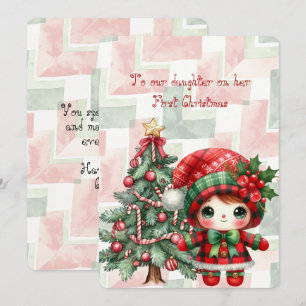 Tarjeta Pequeña Hija de Tartán Rojo Primera Navidad