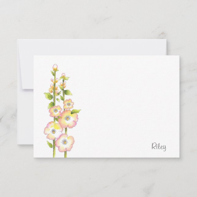 Tarjeta Pequeña Hollyhocks de plumas y acuarelas (Anverso)