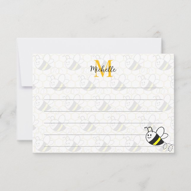 Tarjeta Pequeña Honeybee Honeycomb Drawing Custom Lined Monogram (Anverso)
