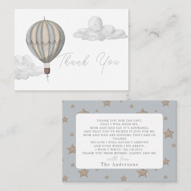 Tarjeta Pequeña Hot Air Balloon Boy Baby Shower Thank You (Anverso / Reverso)