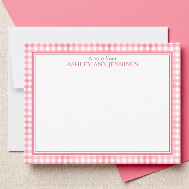 Tarjeta Pequeña Hot Pink Gingham Check Border Personalized (Classic gingham pattern notecard design with custom name And double border)