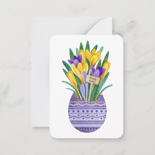 Tarjeta Pequeña Huevo de Pascua Feliz y flores de crocus amarillas (Anverso)