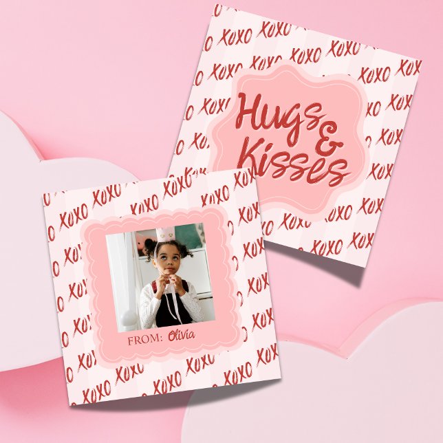 Tarjeta Pequeña Hugs and Kisses Photo Valentine's Classroom Card (Share this Hugs and Kisses Pink Photo Valentine's Classroom Note Card!)