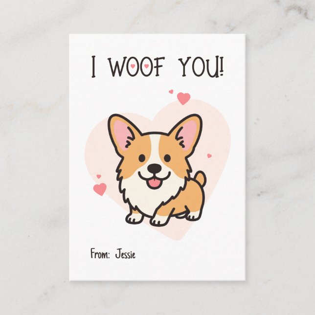 Tarjeta Pequeña I Woof You Corgi Kids Valentine (Anverso)