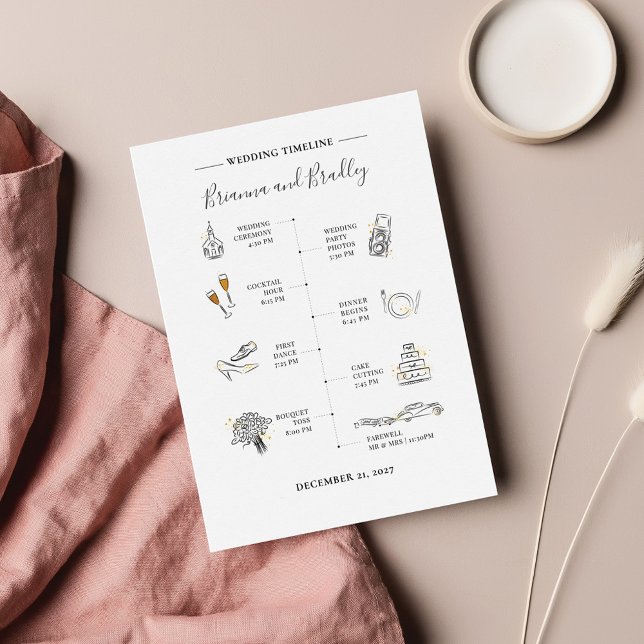 Tarjeta Pequeña Icono moderno Día de boda Itinerario (Modern Wedding Timeline with icons Program)