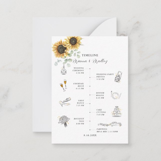 Tarjeta Pequeña Iconos florales de girasol Día de la boda Itinerar (Anverso)