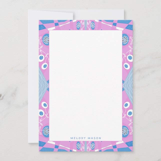 Tarjeta Pequeña Ilustracion Chintz Bohemio Nombre Blanco Azul Rosa (Anverso)