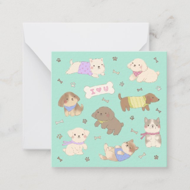 Tarjeta Pequeña Ilustración de cachorros que amo (Anverso)