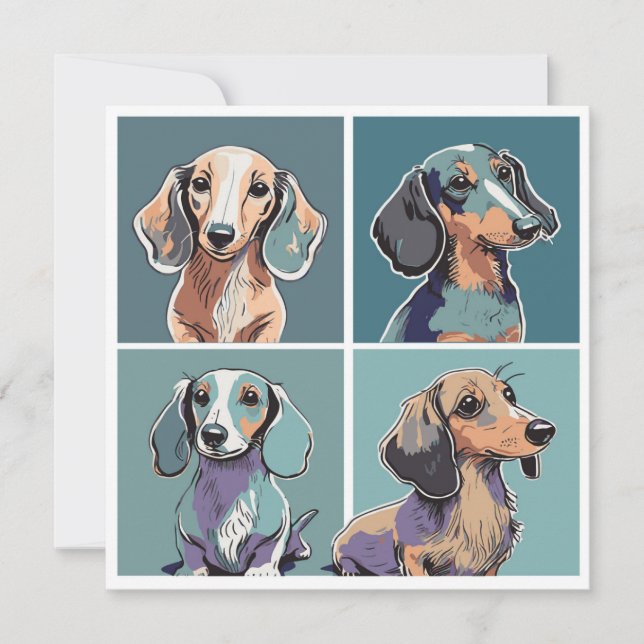 Tarjeta Pequeña Ilustracion de Cuatro Dachshunds (Anverso)