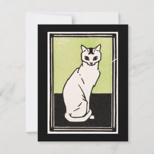 Tarjeta Pequeña Ilustración de gato sentado vintage negro verde bl