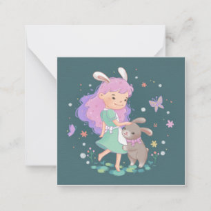 Tarjeta Pequeña Ilustración de niña conejito de primavera