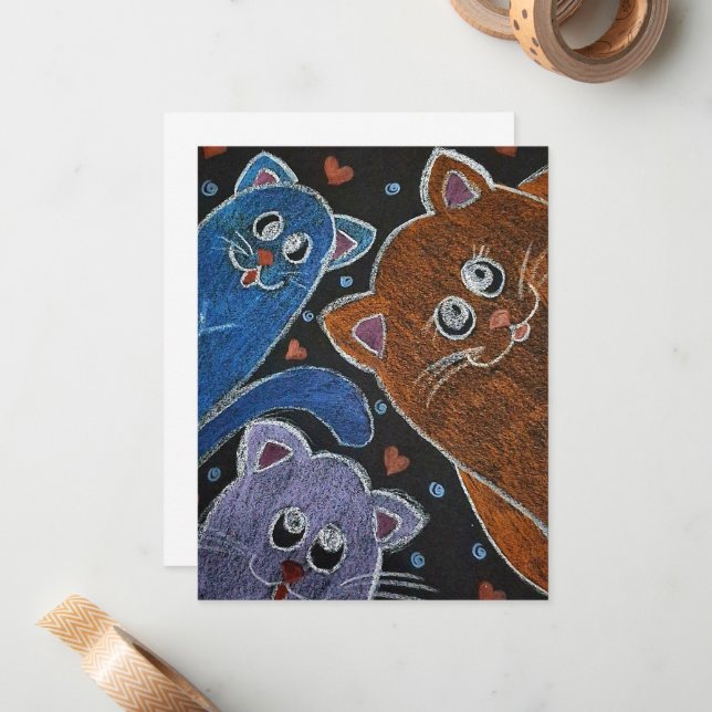 Tarjeta Pequeña Ilustración de tres gatos (Anverso/Reverso In Situ)
