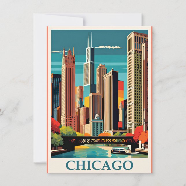 Tarjeta Pequeña Ilustracion Vintage de Chicago (Anverso)