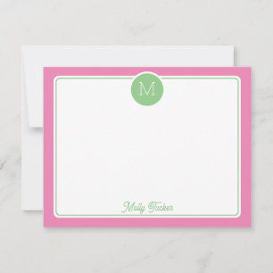 Tarjeta Pequeña Inicial de Monograma en Círculo Preppy Rosa Verde