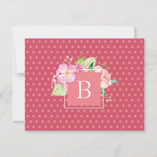 Tarjeta Pequeña Inicial Monogramada con Puntos Rosados y Floral Co