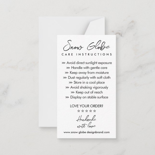 Tarjeta Pequeña Instrucciones de atención para el Globe de la niev (Anverso)